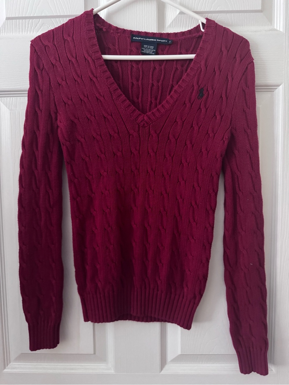 Ralph Lauren Women's Cable Knit V-Neck Sweater in Berry Red-Size Small